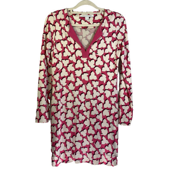 DIANE VON FURSTENBERG Reina Pink & White Silk Solei Geometric Print Dress - Picture 2 of 11